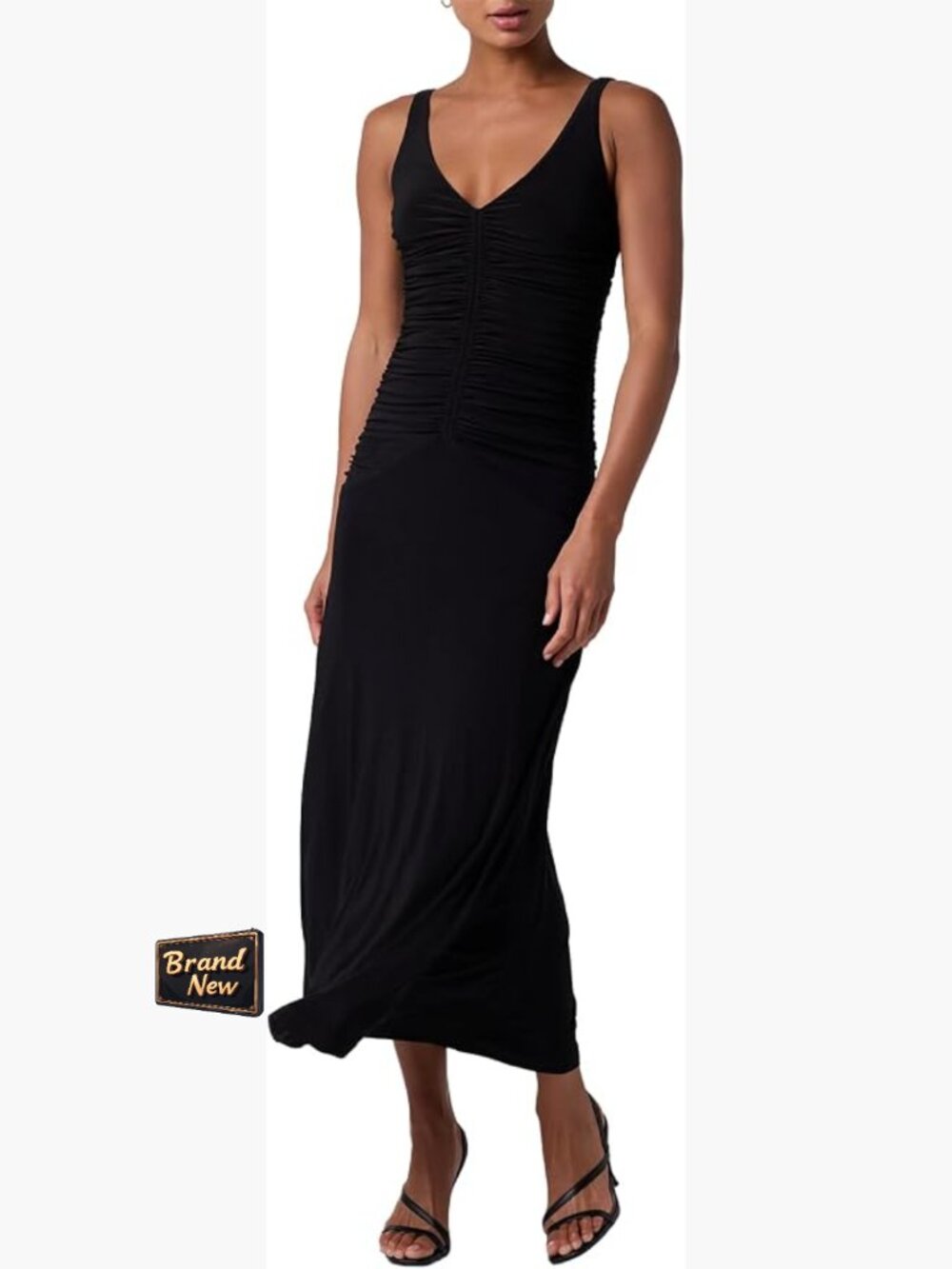 Slinky Knit Midi Dress V-Neck Ruched Bodycon Night Out